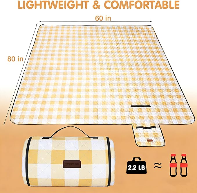 HX&OD Outdoor Picnic Blanket, Extra Large, 80''x60'' Waterproof Foldable Blankets Gingham Picnic Mat for Beach, Camping Grass Lawn Park Accessories Cute Couple Ideas Wedding (Yellow, 80”x60”)
