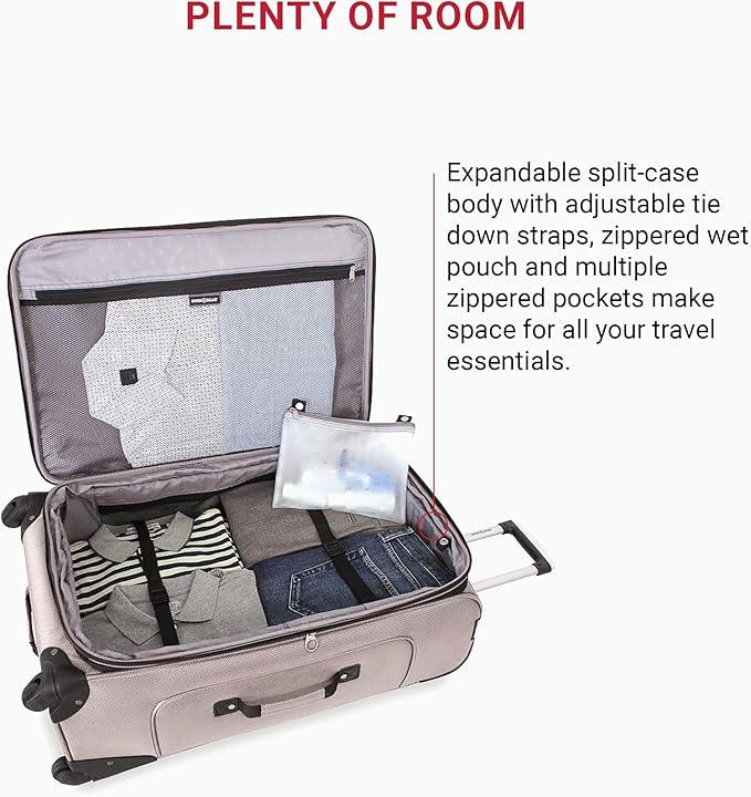 SWISSGEAR Sion Softside Expandable Spinner Luggage Durable Lightweight Travel Suitcase, Pewter, Checked-Large