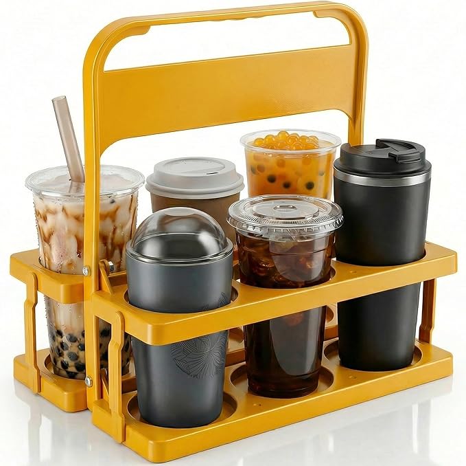 6 Cup Drink Carrier for Delivery - Foldable Drink Holder with Handle, Reusable Cup Carrier for Drinks, Portable Beverage Caddy Accessories for Parties, Camping, Car, Coffee & Bottles (Yellow)