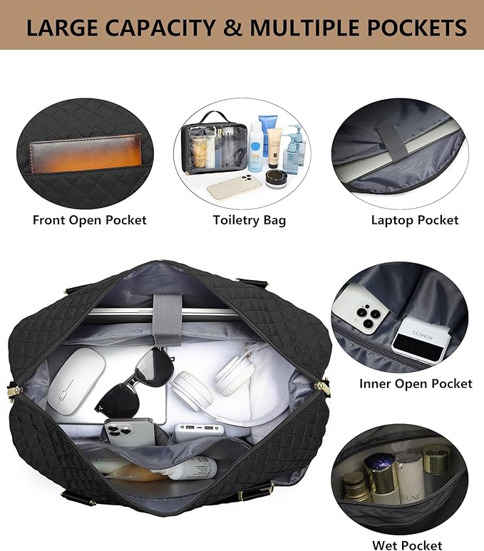 FIUAIE Overnight Weekender Bag for Women - Duffle Bags with Shoe Compartment Carry On Bag with Wet Pocket for Yoga Gym Travel Bags with Toiletry Bag for Business Trips Hospital Bags Black