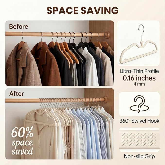 20 Pack Short Neck Hangers - Lifts Clothes 3" Higher to Prevent Dragging, Upgraded Liquid Silicone Non-Slip Hangers, Lint-Free Alternative to Velvet Hangers, Closet Organization, Cream