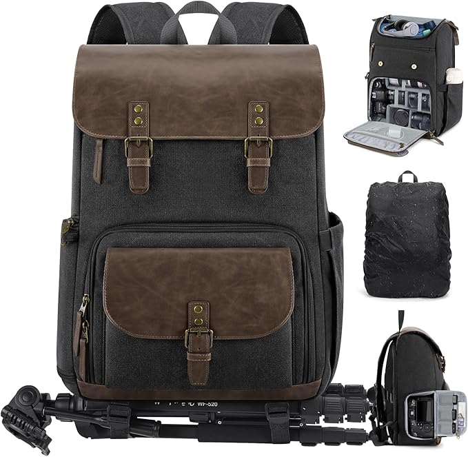 RAINSMORE Camera Bag Professional for DSLR/SLR Mirrorless Waterproof 15.6 Inch Laptop Photography Backpack with Side Access Rain Cover Tripod Holder Large Anti-Theft Camera Backpacks for Photographers