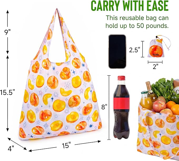 Stelle Lightweight Reusable Grocery Bag with Handles Ripstop Nylon Foldable Tote Shopping Bags for Travel and Groceries