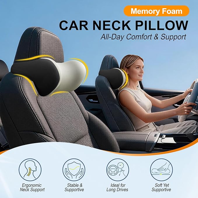 2-Pack Car Neck Pillow: Ergonomic Memory Foam Car Headrest Pillow, Neck Support Pillow for Long Drives, Headrest Support Cushion for Pain Relief, Universal Fit for Cars, SUVs & Trucks – Beige