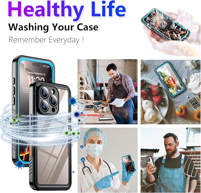 Compatible with iPhone 16 Pro Max Case Waterproof, Built-in Screen & Camera Protector IP68 Underwater Full Body 16FT Military Dropproof Shockproof Phone Case 6.9"-Blue/Clear