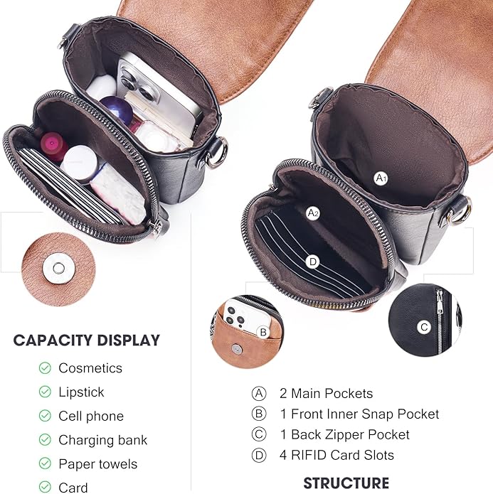 POIUGOYA Crossbody Bags for Women,Small Crossbody Purse with Triple Compartments,Cell Phone Wallet with Card Slots for Travel | Small