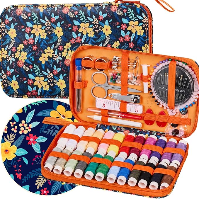 Bobode Printing Travel Basic Sewing Kit with 130PCS Accessories | Professional Sewing Supplies with 24 Sewing Thread,Floral Pattern Sewing Kit for Adults,Emergency and Beginners