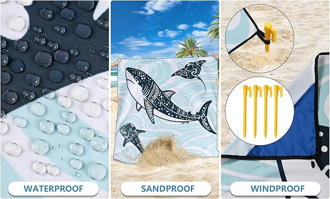 HIHOHO Beach Blanket Waterproof Sandproof Beach Mat 79”x 83” for 1-8 Adults Quick Drying Durable Outdoor Picnic Mat for Beach Festival Travel Camping Hiking (Shark, 79"×83"(4 Person))