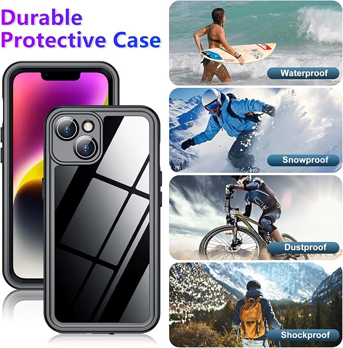 Compatible with iPhone 14 Case Waterproof, Built-in Screen & Camera Protector IP68 Underwater Full Body 14FT Military Dropproof Shockproof Phone Case 6.1"-Black/Clear