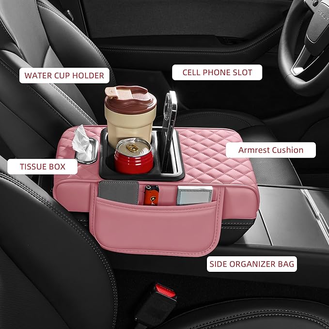 5 in 1 Car Center Console Cover, Armrest Pad with 2 Storage Pockets, Cup Holder, Tissue Slot, Phone Holder, Nappa Leather Memory Foam Car Accessories for SUV Sedan Truck (Pink)