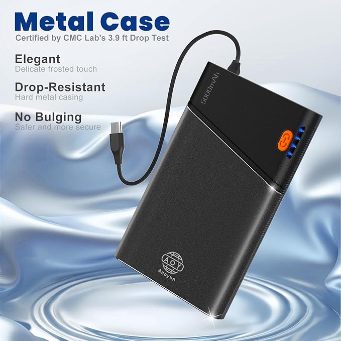 Aaoyun Mini Portable Power Bank, Smallest 5000mAh Portable Charger with Built-in USB C in&Out Fast Charging Cable, Compact Super Slim Mini Battery Pack for iPhone 17/16/15/14 Samsung S24 Android