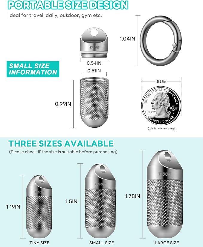 TISUR Titanium Keychain Pill Holder Small Metal Pill Case, Pill Organizer Portable Waterproof Pill Container, Travel Pill Bottle Box for Purse (Small-0.51inch)
