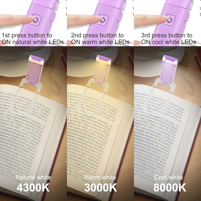 HONWELL Rechargeable Book Light, Clip On LED Reading Lights for Kids Reading in Bed, 3 Brightness Levels Dimmable Bookmark Light for Eye-Protection, Portable Reading Lamp for Bookworms, Travel(Violet)