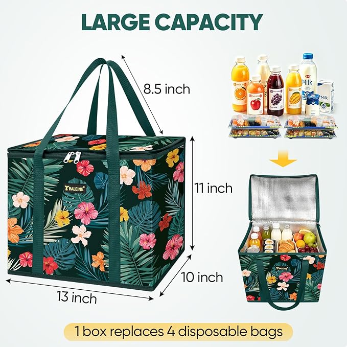 BALEINE 3Pk Insulated Reusable Grocery Bags, Foldable Shopping Bags for Groceries with Reinforced Bottom & Handles (Blossom Season)