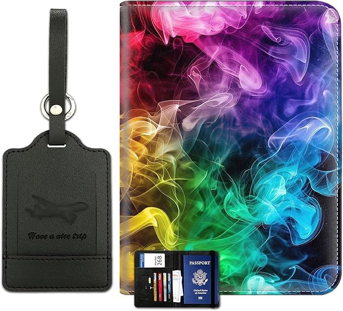 Passport Wallet, Passport Holder with RFID Blocking and Luggage Tag, Waterproof PU Leather Travel Documents Organizer Case, Passport Covers with Card Slot for Women & Men, Rainbow Smoke Passport Book