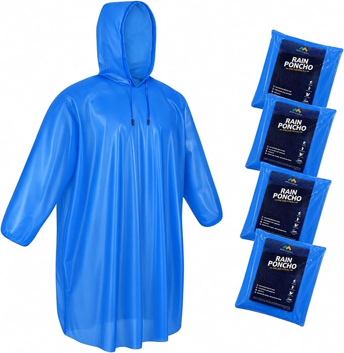 Mindful Design Rain Ponchos with Drawstring Hood Disposable Emergency Poncho for Adults