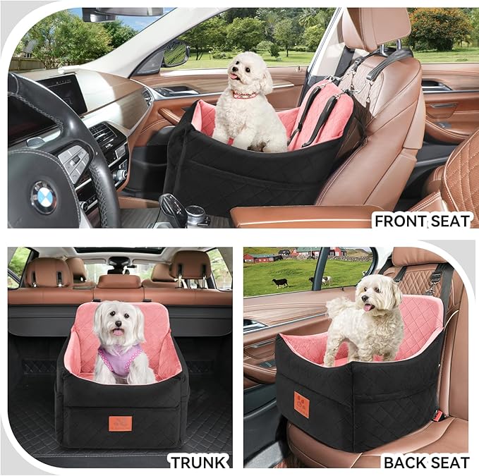 GL GLENSLAVE Dog Car Seat for Small/Medium Dogs, Dog Booster Car Seats with Thick Cushion for Dogs Under 35 lbs, Detachable Washable Pet Carseat with Storage Pockets, 2 Safety Belts(Black/Pink)