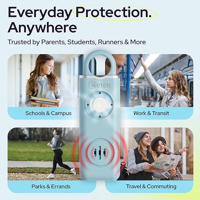 Weten Personal Safety Alarm for Women - 130dB Loud Panic Siren Keychain 3 Pack - Rape Whistle - LED Light, Carabiner Clip, Low Battery Alert, USB-C Charging Self Defense Alarm (Black Pink Blue)
