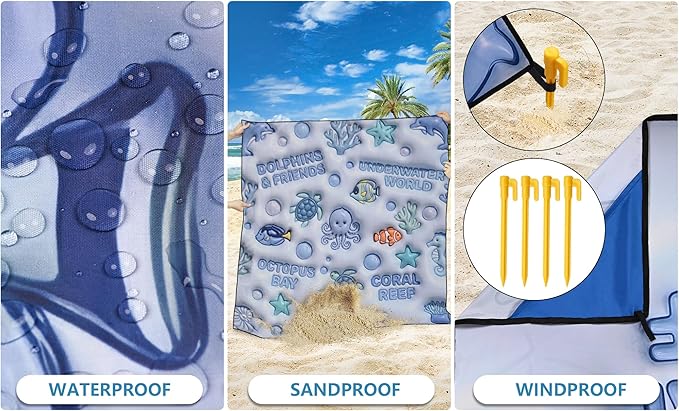 WIWIGO Beach Blanket Waterproof Sandproof Beach Mat 79" X 83"/10'x9'for 2-8 Adults Quick Drying Outdoor Picnic Mat Beach Accessories for Travel, Camping, Hiking