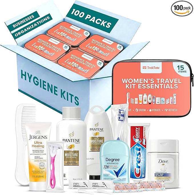 Bulk Women’s Hygiene Kits 15 Piece Travel Toiletry Kit with Shampoo Conditioner Body Wash Lotion Deodorant Razor Toothbrush Toothpaste Comb Flossers Swabs Bandages Wipes