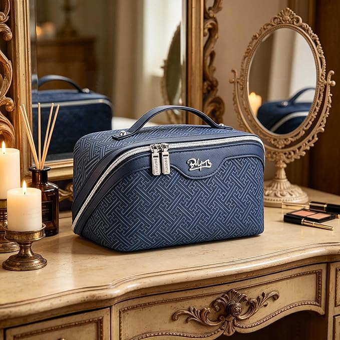 BOYATU Travel Makeup Bags for Women: Vintage Roman Column Texture Large Capacity Cosmetic Bag - Each Journey, Quiet Luxury Serenity - 3 Pcs Set Organizer Toiletry Purse 50% Extra Storage(Indigo)