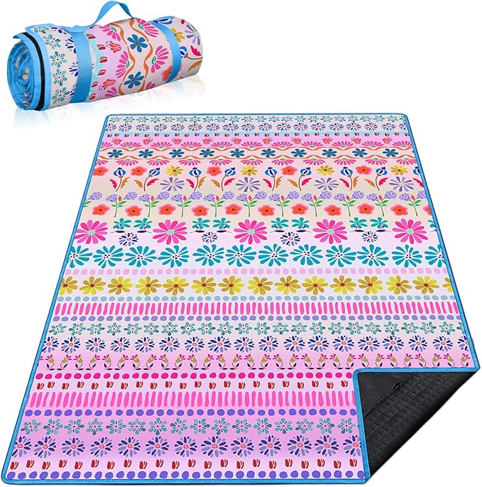 Floral Picnic Blankets Waterproof Foldable, 60″X80″ Packable Picnic Mat Flowers Outdoor Blanket for Grass, Large Beach Blanket Sandproof Picnic Accessories for Camping Music Festival Park Lawn Travel