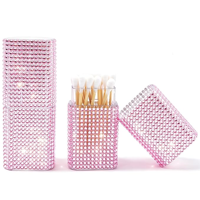 Cotton Swab Holder for Travel, 2 Pcs Portable Small Dental Floss Holder Sparkling Rhinestone Cotton Pad Holder, Travel Floss Picks Case with Dustproof Lid for Cotton Bud Floss, Pink