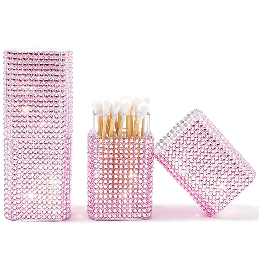 Cotton Swab Holder for Travel, 2 Pcs Portable Small Dental Floss Holder Sparkling Rhinestone Cotton Pad Holder, Travel Floss Picks Case with Dustproof Lid for Cotton Bud Floss, Pink