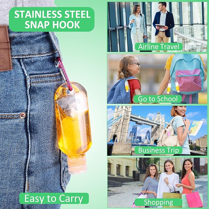 FairySandy 100 Pcs Traveling Bottles with Keychain 2oz Clear Plastic Hand Sanitizer Holder Keychain Empty Refillable Liquid Packing Container Squeeze Plastic Bottle with Lid,Rectangle