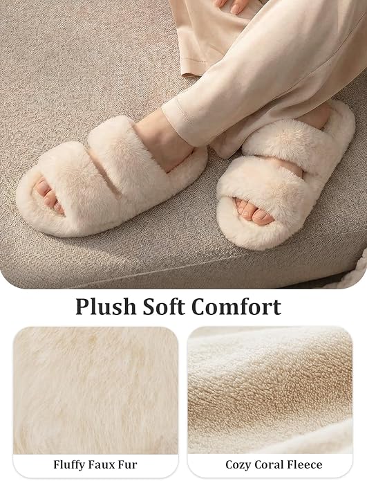 FamilyFairy Women's Fluffy Faux Fur Slippers Comfy Open Toe Two Band Slides with Fleece Lining and Rubber Sole