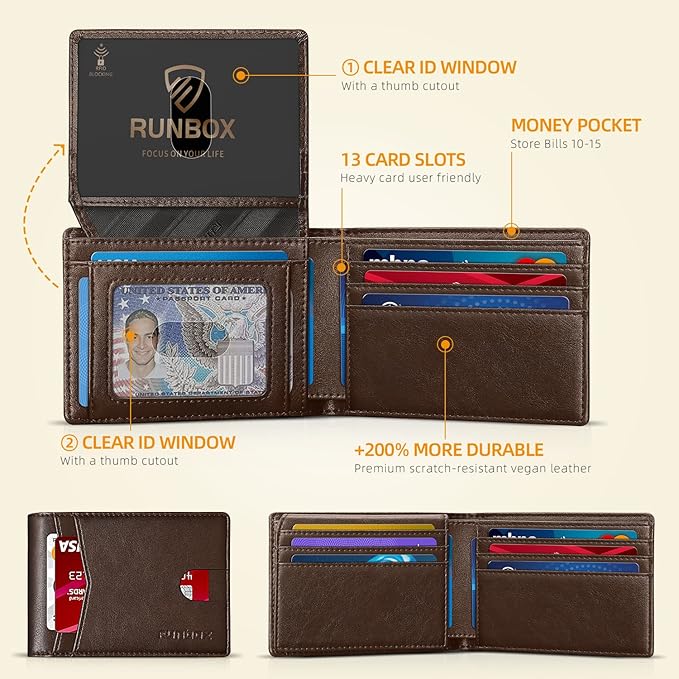 RUNBOX Wallet for Men -Slim Rfid Leather Mens Bifold Novelty Wallets 2 ID Window With Gift Box Men's Accessories | Slim