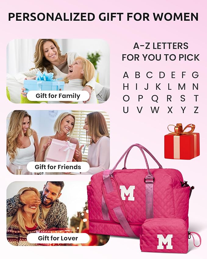 Personalized Women's Initial Travel Bag with Shoe Compartment, Hot Pink, K