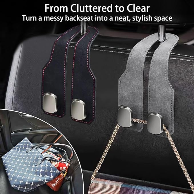 4Pcs Car Headrest Hooks with Premium Leather, Upgraded Double Metal Hooks with Anti-Drop Design, Universal Back Seat Hanger for Bags, Coats, Purses and Groceries (Stylish Black)
