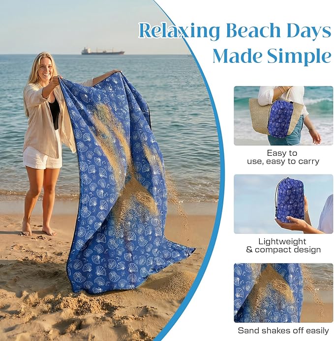 OIGAE Family Beach Blanket, 7×8 ft Sand-Free Picnic Mat for 1–4 People, Quick-Dry Lightweight Outdoor Blanket with Stakes & Corner Pockets, Shell, Blue