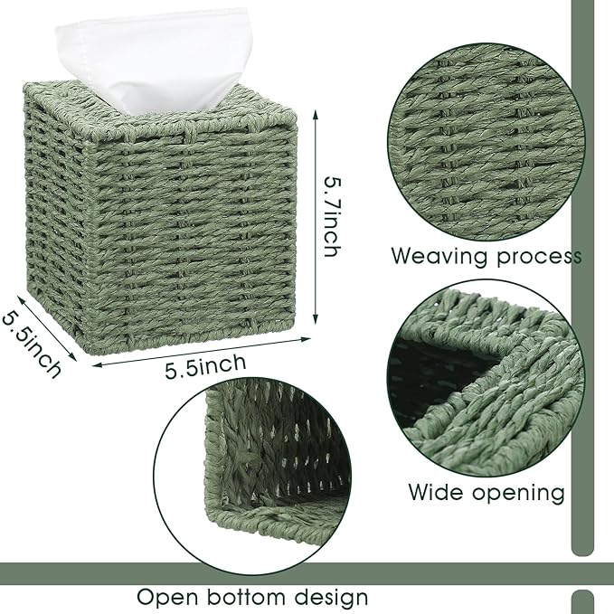 Sage Green Tissue Box Cover Square Natural Paper Rope Hand Woven Tissue Box Holder for Bathroom Living Room Bedroom Kitchen Table Desk Office Boho Home Decor
