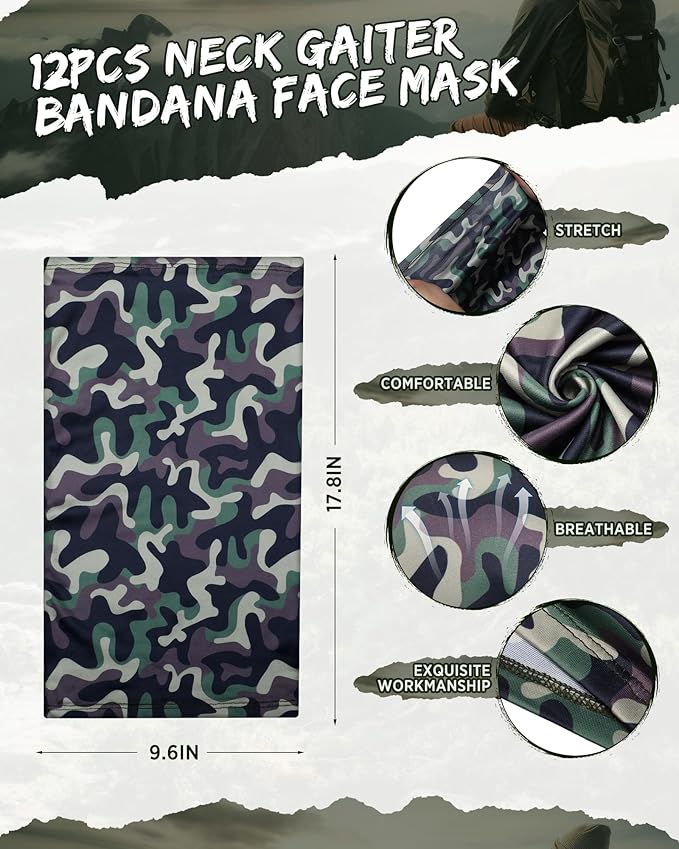 Cuffbow 12 Pack Neck Gaiters Face Mask Balaclava for Men Women Cooling Neck Gaiter Summer UV Protection Scarf