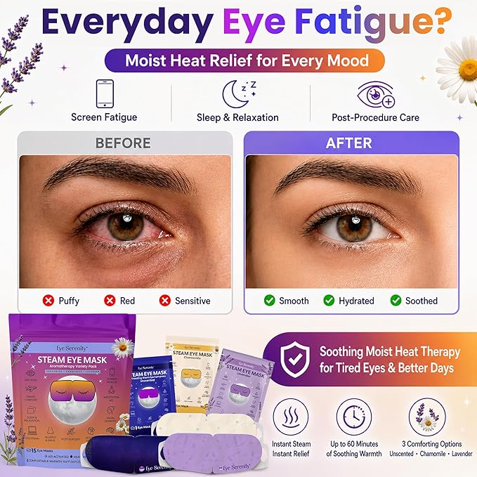 Eye Serenity Steam Eye Mask, Heated Eye Mask, Self Heating Warm Compress for Dry Eyes, Fast Relief for Stye, Puffy Sensitive Eyes, Moist Heat, Relaxation Gifts for Women and Men - Variety