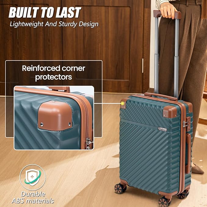 Cosbarn Carry On Luggage 22x14x9 Airline Approved, Hardside 20 Inch Carry on Suitcases with Wheels, Hard Shell ABS Lightweight Carry on Luggage Set, Travel Suitcase Set with TSA Lock, DarkGreen
