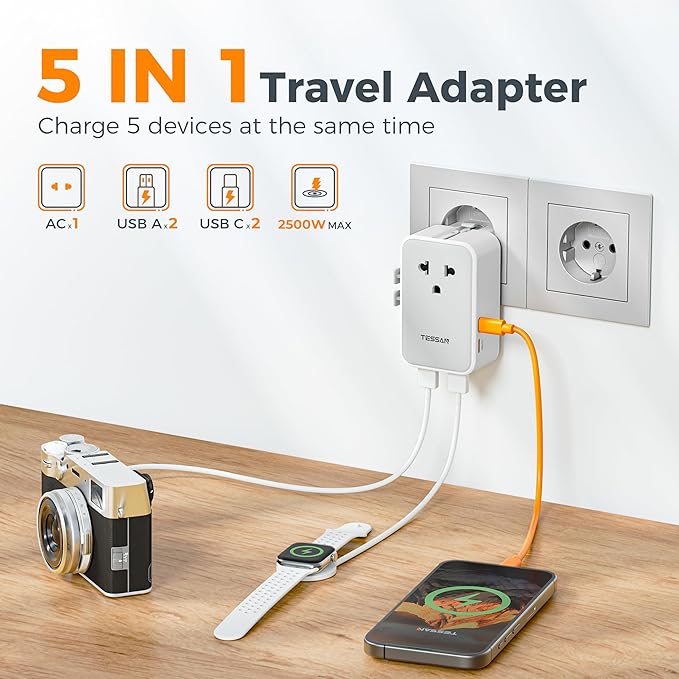 TESSAN Universal Travel Adapter PD 25W, Ultra Thin International Power adapter Fast Charger, Worldwide Plug Adaptor with 2 USB A 2 USB C for US to European UK Australia Ireland (Type C G A I)