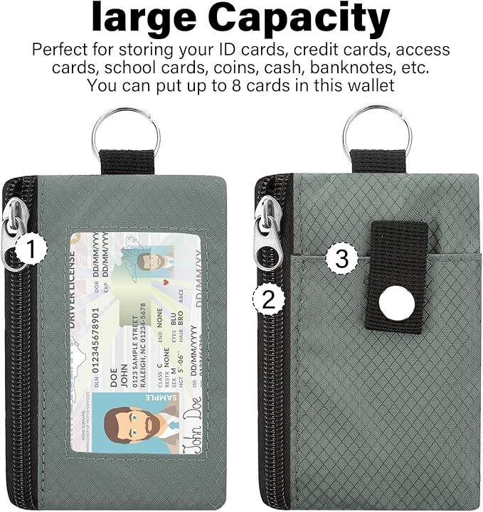 Minimalist RFID Wallet with Lanyard, Multi-Functional ID Case with 2 Zipper Pockets and Key Chain for Men and Women, Tactical Badge Pouch Cards Holder, Coin Purse for Travel Sports - Green&Blue