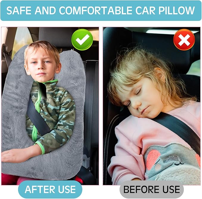 Barydat 2 Pcs Car Travel Pillow for the Back Seat 28 x 18 in Sleeping Reading Pillows for Long Distance Travel Car Cushion for Kids Adults Head and Body Support U Shaped Pad for Travel(Gray, Green)