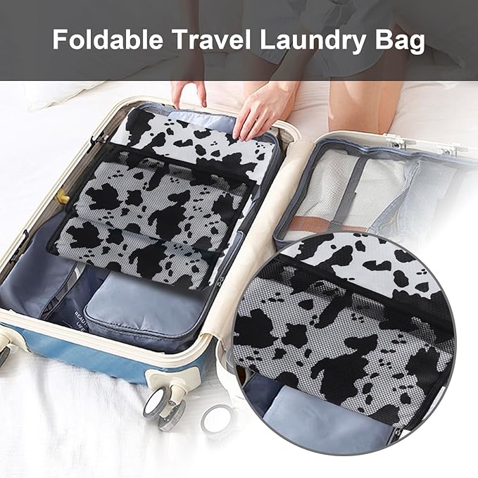 Laundry Bag Backpack Durable Laundry Bag with Shoulder Straps and Mesh Pockets Portable Laundry Hamper Dirty Clothes Bag for College, Travel, Laundromat, Apartment (Cow Print)