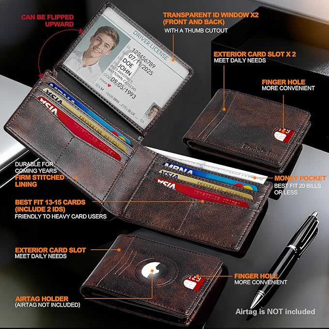 Wallet for Men Slim RFID Blocking Bifold Carbon Fiber,Minimalist Small Compact Front Pocket Credit Card Holder,Thin Mens Leather Wallets Smart Security With 2 ID windows 1 Cash (Retro Black & Brown)
