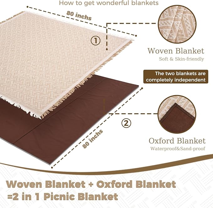 Genovega 2 in 1 Extra Large 80"* 80" Rug Picnic Waterproof Outdoor Beach Blanket Foldable Camping Mat Summer Camp Equipment Honeymoon Stuff Hawaii Essentials Hunting Accessories Car Set Women Gifts