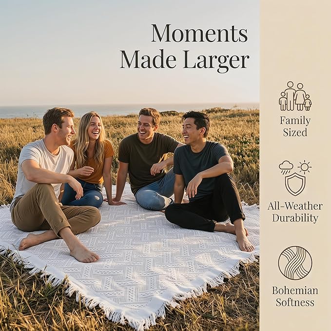70x70 Bohemian Picnic Mat Extra Large, Sand Proof Outdoor Camping Blanket Machine Washable, Lightweight Portable Travel Tarp for 5-7 Adults Beach Park Grass (Brown-T-Grid)