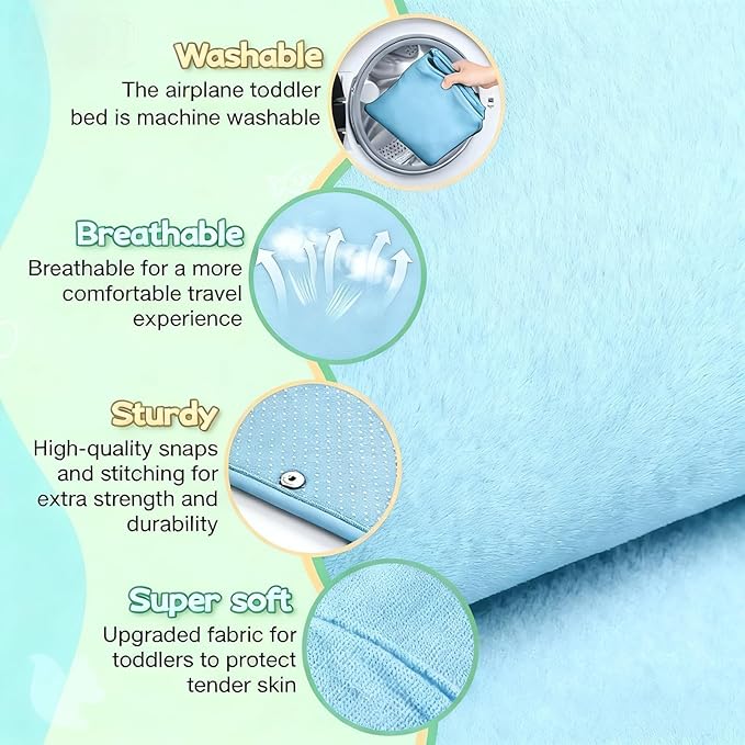 Light Blue Toddler Airplane Bed with Burgundy Hat, Portable Airplane Seat Extender Travel Bed for Kids, Soft Baby Plane Travel Essentials for Flying, Toddlers Long Flight Must Haves Footrest