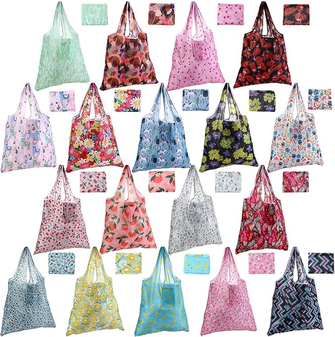 Weewooday 18 Pieces Foldable Reusable Shopping Bags Machine Washable Grocery Bags Waterproof