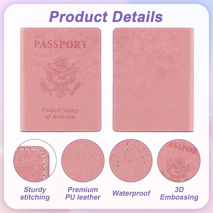 Passport Holder for Travel, 2 PCS Passport Holder, Travel Passport Holders Must Haves for Women Men, Pink and Purple Passport Cover Passport Wallet Case Holders for Travel Cruise Ship Essentials Gifts