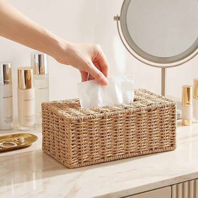 Tissue Box Cover Rectangle Natural Paper Rope Hand Woven Tissue Box Holder for Bathroom Living Room Bedroom Kitchen Table Desk Office Farmhouse Home Decor (Natural)