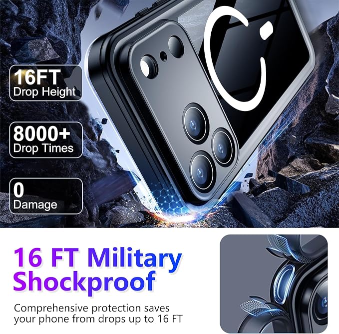 Magnetic Compatible with iPhone 17 Pro Case,Waterproof Built-in Screen & Camera Protector IP68 Underwater Full Body 17FT Military Dropproof Shockproof Phone Case 6.3"-Mag/Blue